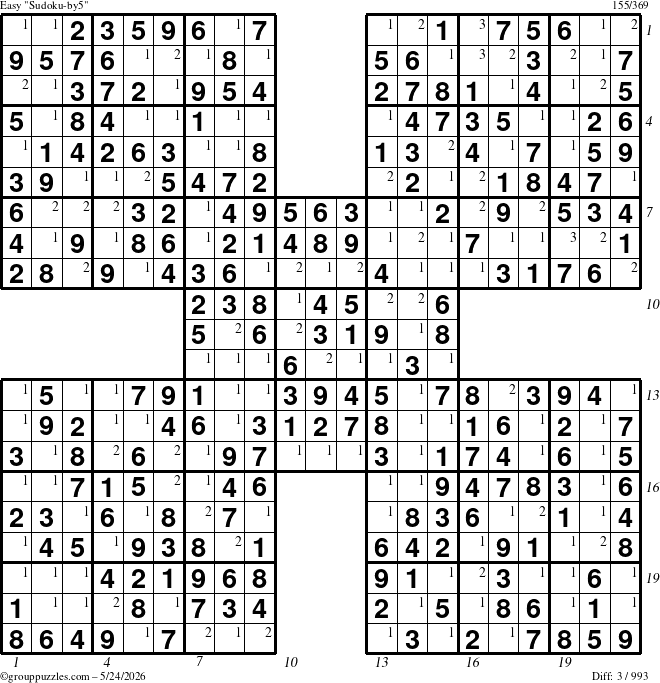 The grouppuzzles.com Easy Sudoku-by5 puzzle for Sunday May 24, 2026, suitable for printing, with all 3 steps marked