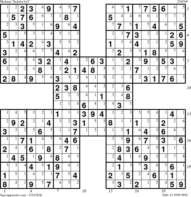 The grouppuzzles.com Medium Sudoku-by5 puzzle for Sunday May 24, 2026 with all 8 steps marked