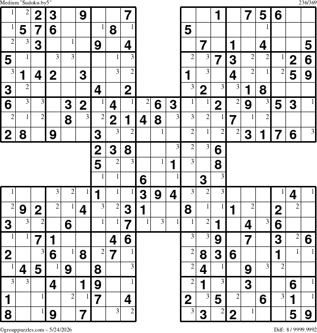 The grouppuzzles.com Medium Sudoku-by5 puzzle for Sunday May 24, 2026 with the first 3 steps marked