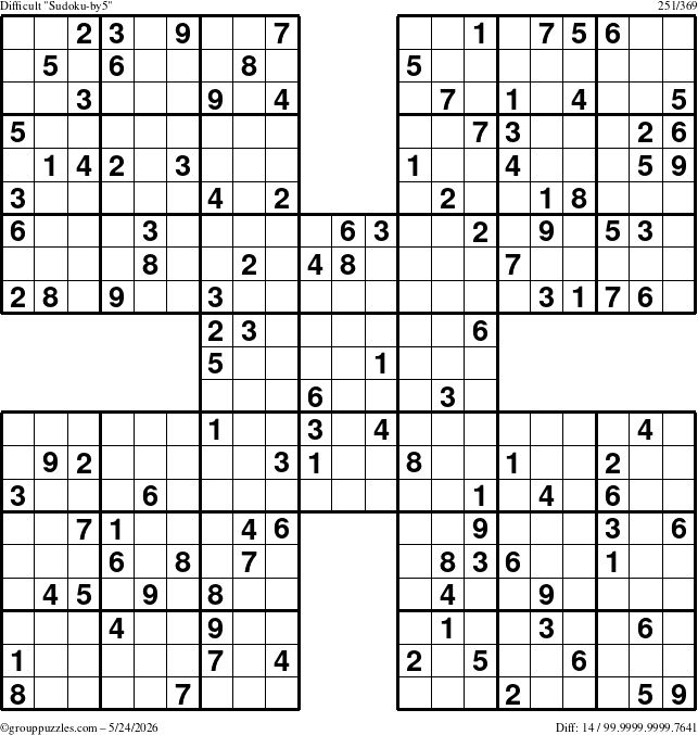 The grouppuzzles.com Difficult Sudoku-by5 puzzle for Sunday May 24, 2026