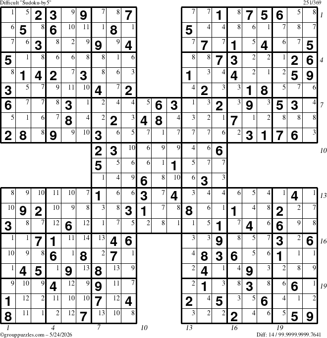 The grouppuzzles.com Difficult Sudoku-by5 puzzle for Sunday May 24, 2026 with all 14 steps marked