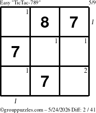 The grouppuzzles.com Easy TicTac-789 puzzle for Sunday May 24, 2026 with all 2 steps marked