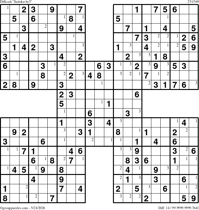 The grouppuzzles.com Difficult Sudoku-by5 puzzle for Sunday May 24, 2026 with the first 3 steps marked
