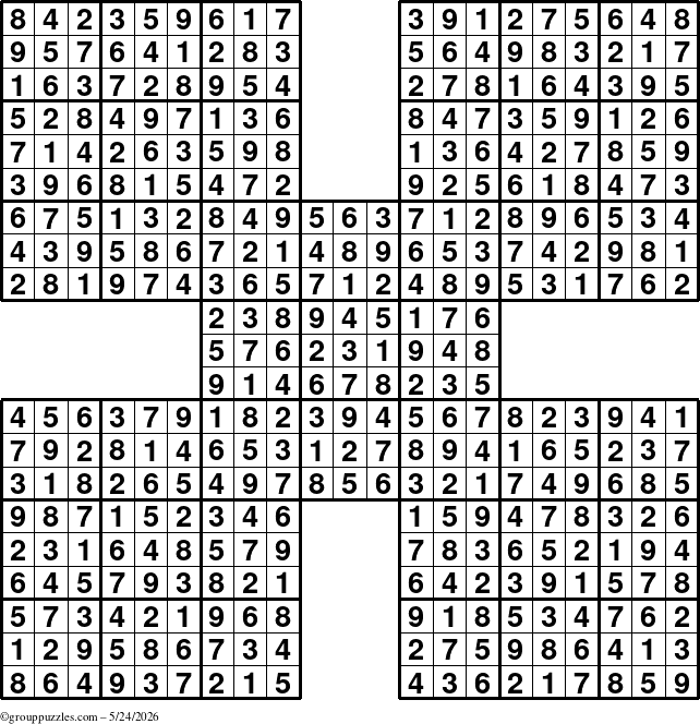 The grouppuzzles.com Answer grid for the Sudoku-by5 puzzle for Sunday May 24, 2026