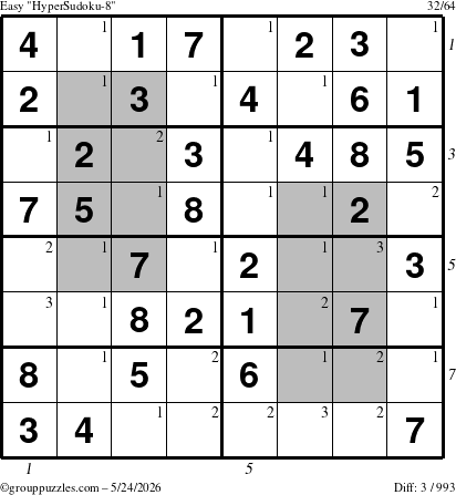 The grouppuzzles.com Easy HyperSudoku-8 puzzle for Sunday May 24, 2026 with all 3 steps marked