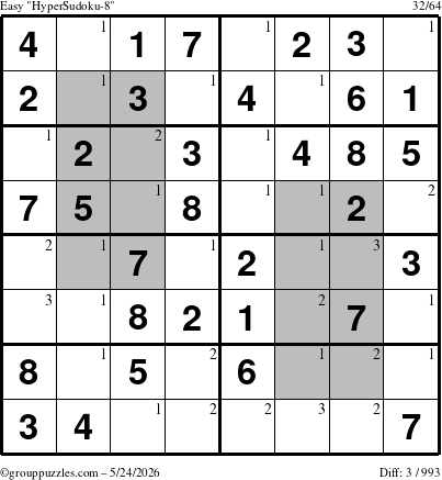 The grouppuzzles.com Easy HyperSudoku-8 puzzle for Sunday May 24, 2026 with the first 3 steps marked