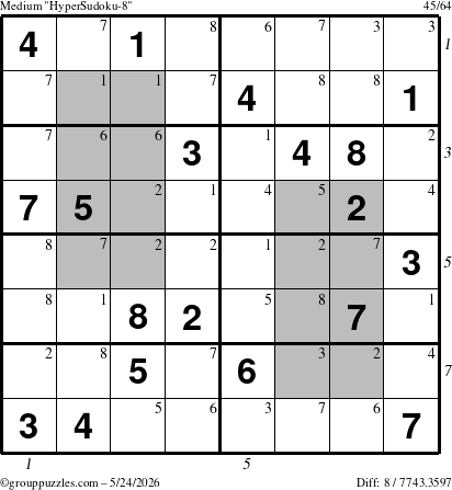 The grouppuzzles.com Medium HyperSudoku-8 puzzle for Sunday May 24, 2026 with all 8 steps marked