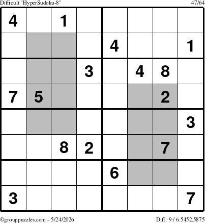 The grouppuzzles.com Difficult HyperSudoku-8 puzzle for Sunday May 24, 2026