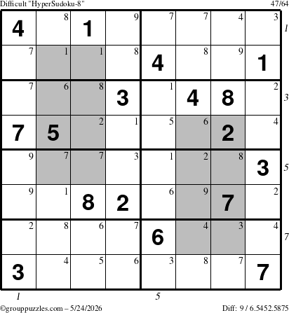 The grouppuzzles.com Difficult HyperSudoku-8 puzzle for Sunday May 24, 2026, suitable for printing, with all 9 steps marked