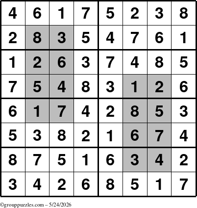 The grouppuzzles.com Answer grid for the HyperSudoku-8 puzzle for Sunday May 24, 2026
