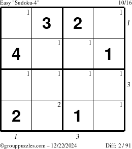 The grouppuzzles.com Easy Sudoku-4 puzzle for Sunday December 22, 2024, suitable for printing, with all 2 steps marked