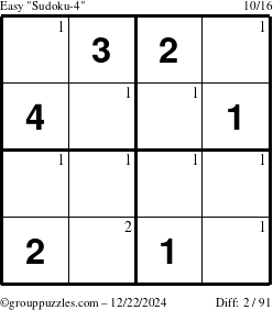 The grouppuzzles.com Easy Sudoku-4 puzzle for Sunday December 22, 2024 with the first 2 steps marked