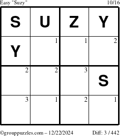 The grouppuzzles.com Easy Suzy puzzle for Sunday December 22, 2024 with the first 3 steps marked