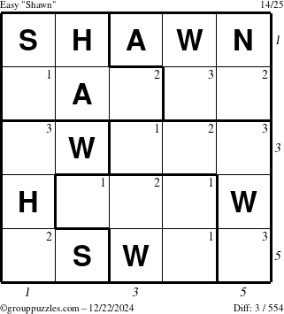 The grouppuzzles.com Easy Shawn puzzle for Sunday December 22, 2024 with all 3 steps marked