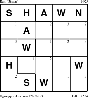 The grouppuzzles.com Easy Shawn puzzle for Sunday December 22, 2024 with the first 3 steps marked