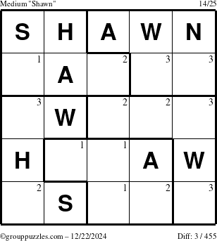 The grouppuzzles.com Medium Shawn puzzle for Sunday December 22, 2024 with the first 3 steps marked