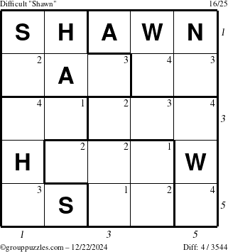 The grouppuzzles.com Difficult Shawn puzzle for Sunday December 22, 2024 with all 4 steps marked