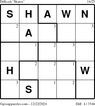 The grouppuzzles.com Difficult Shawn puzzle for Sunday December 22, 2024 with the first 3 steps marked