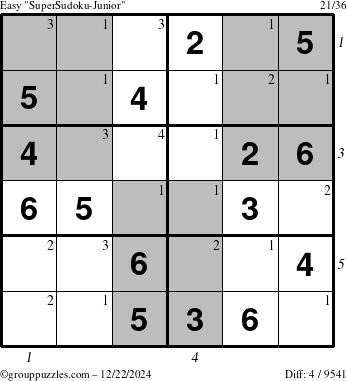 The grouppuzzles.com Easy SuperSudoku-Junior puzzle for Sunday December 22, 2024, suitable for printing, with all 4 steps marked