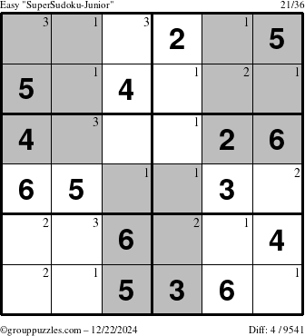 The grouppuzzles.com Easy SuperSudoku-Junior puzzle for Sunday December 22, 2024 with the first 3 steps marked