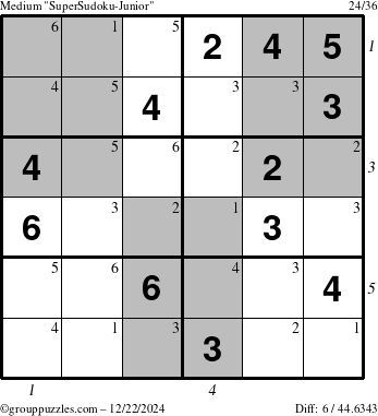 The grouppuzzles.com Medium SuperSudoku-Junior puzzle for Sunday December 22, 2024 with all 6 steps marked