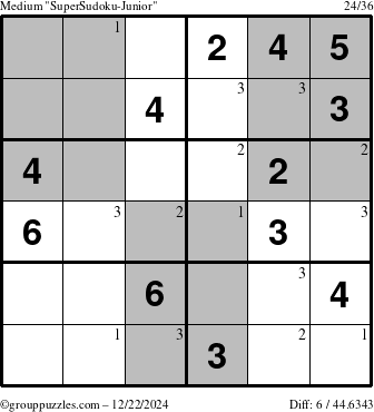 The grouppuzzles.com Medium SuperSudoku-Junior puzzle for Sunday December 22, 2024 with the first 3 steps marked