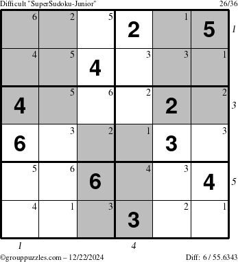 The grouppuzzles.com Difficult SuperSudoku-Junior puzzle for Sunday December 22, 2024 with all 6 steps marked