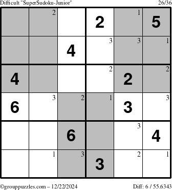 The grouppuzzles.com Difficult SuperSudoku-Junior puzzle for Sunday December 22, 2024 with the first 3 steps marked