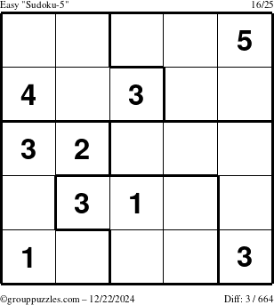 The grouppuzzles.com Easy Sudoku-5 puzzle for Sunday December 22, 2024