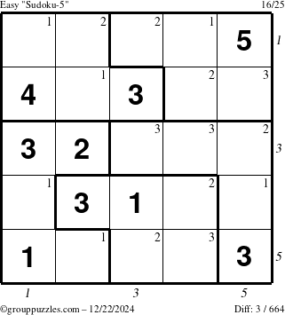 The grouppuzzles.com Easy Sudoku-5 puzzle for Sunday December 22, 2024, suitable for printing, with all 3 steps marked