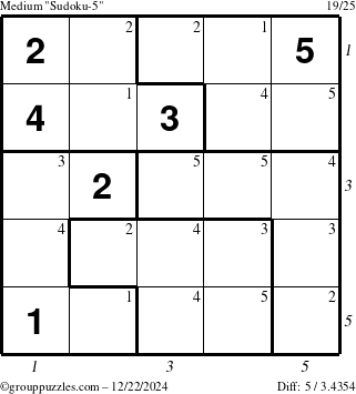 The grouppuzzles.com Medium Sudoku-5 puzzle for Sunday December 22, 2024 with all 5 steps marked