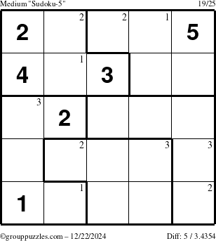 The grouppuzzles.com Medium Sudoku-5 puzzle for Sunday December 22, 2024 with the first 3 steps marked