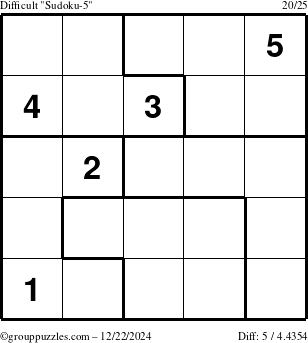 The grouppuzzles.com Difficult Sudoku-5 puzzle for Sunday December 22, 2024