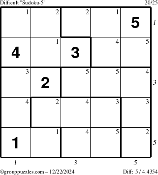 The grouppuzzles.com Difficult Sudoku-5 puzzle for Sunday December 22, 2024 with all 5 steps marked