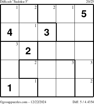 The grouppuzzles.com Difficult Sudoku-5 puzzle for Sunday December 22, 2024 with the first 3 steps marked