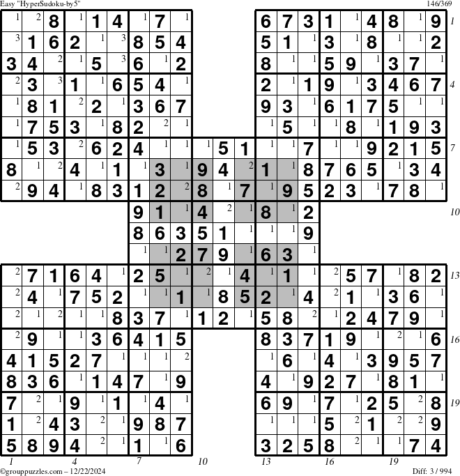 The grouppuzzles.com Easy HyperSudoku-by5 puzzle for Sunday December 22, 2024 with all 3 steps marked