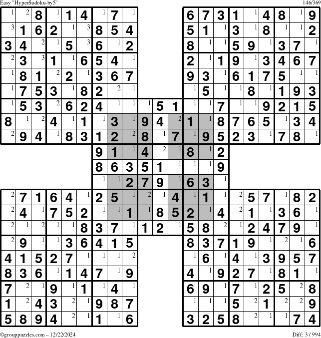 The grouppuzzles.com Easy HyperSudoku-by5 puzzle for Sunday December 22, 2024 with the first 3 steps marked