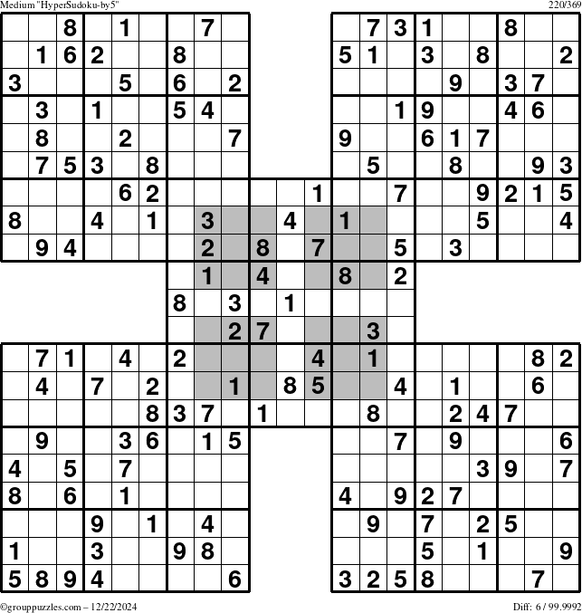 The grouppuzzles.com Medium HyperSudoku-by5 puzzle for Sunday December 22, 2024