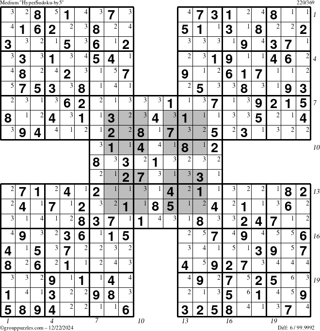 The grouppuzzles.com Medium HyperSudoku-by5 puzzle for Sunday December 22, 2024, suitable for printing, with all 6 steps marked