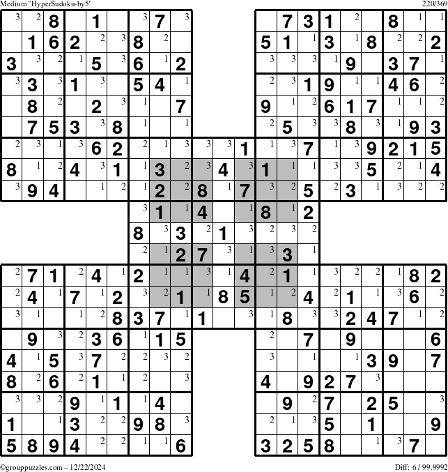 The grouppuzzles.com Medium HyperSudoku-by5 puzzle for Sunday December 22, 2024 with the first 3 steps marked