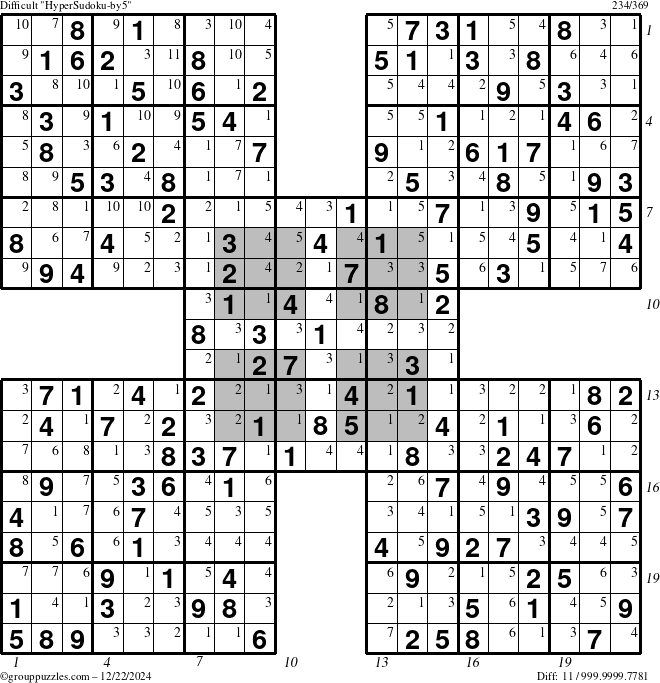 The grouppuzzles.com Difficult HyperSudoku-by5 puzzle for Sunday December 22, 2024 with all 11 steps marked