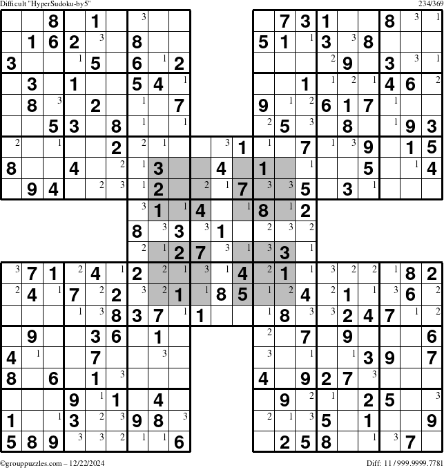 The grouppuzzles.com Difficult HyperSudoku-by5 puzzle for Sunday December 22, 2024 with the first 3 steps marked