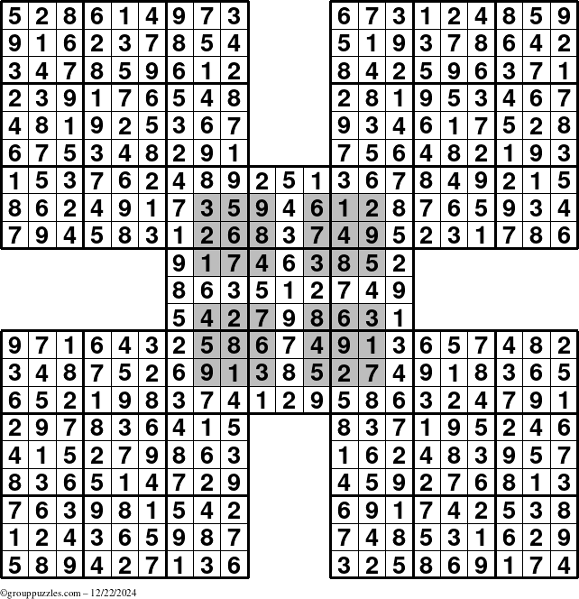 The grouppuzzles.com Answer grid for the HyperSudoku-by5 puzzle for Sunday December 22, 2024