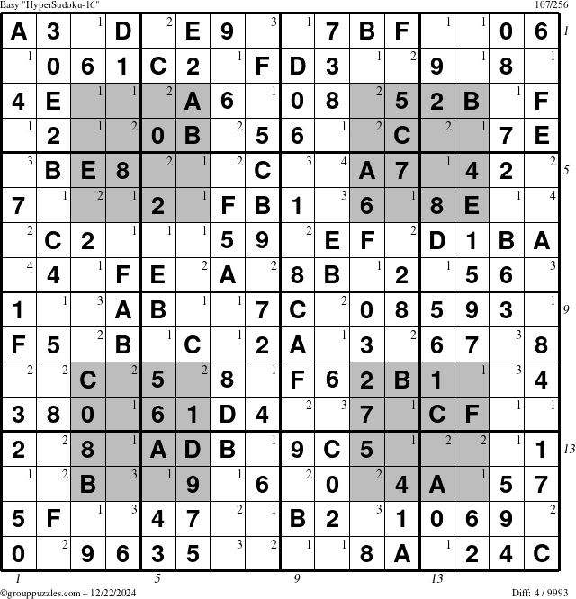 The grouppuzzles.com Easy HyperSudoku-16 puzzle for Sunday December 22, 2024, suitable for printing, with all 4 steps marked