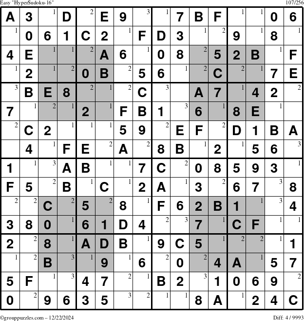 The grouppuzzles.com Easy HyperSudoku-16 puzzle for Sunday December 22, 2024 with the first 3 steps marked