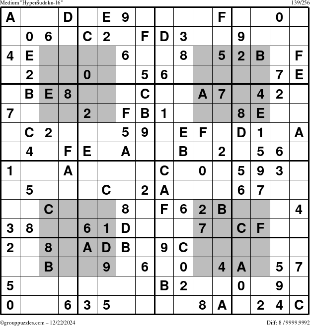 The grouppuzzles.com Medium HyperSudoku-16 puzzle for Sunday December 22, 2024