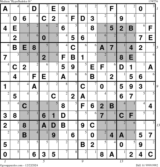 The grouppuzzles.com Medium HyperSudoku-16 puzzle for Sunday December 22, 2024 with all 8 steps marked