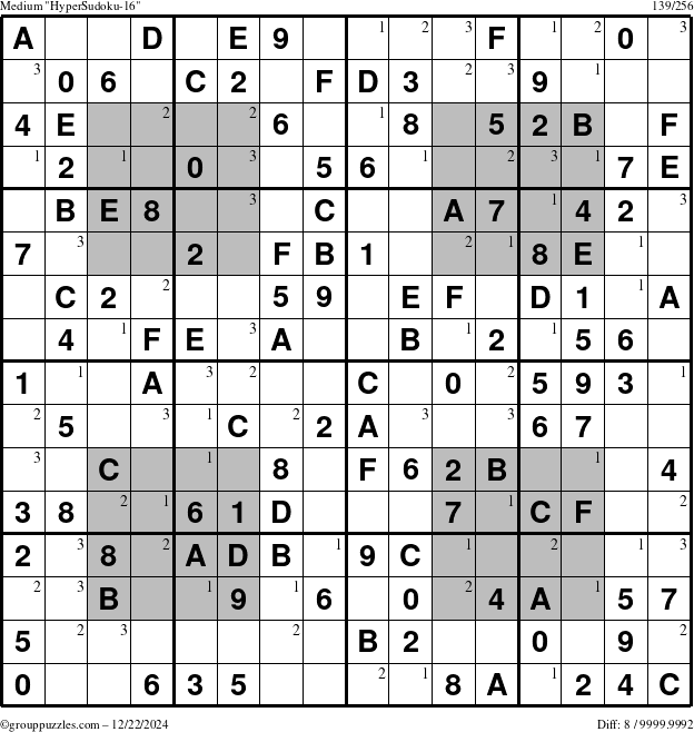 The grouppuzzles.com Medium HyperSudoku-16 puzzle for Sunday December 22, 2024 with the first 3 steps marked