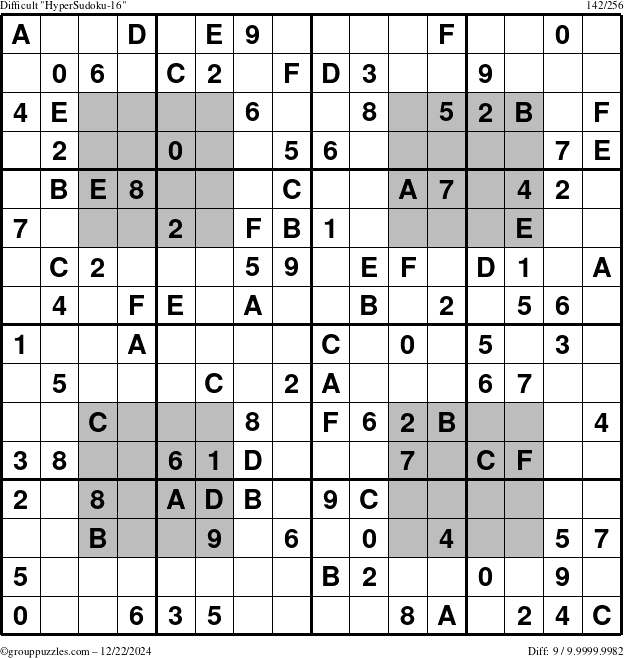 The grouppuzzles.com Difficult HyperSudoku-16 puzzle for Sunday December 22, 2024