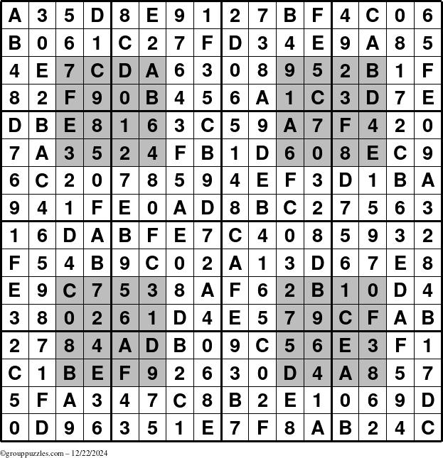 The grouppuzzles.com Answer grid for the HyperSudoku-16 puzzle for Sunday December 22, 2024